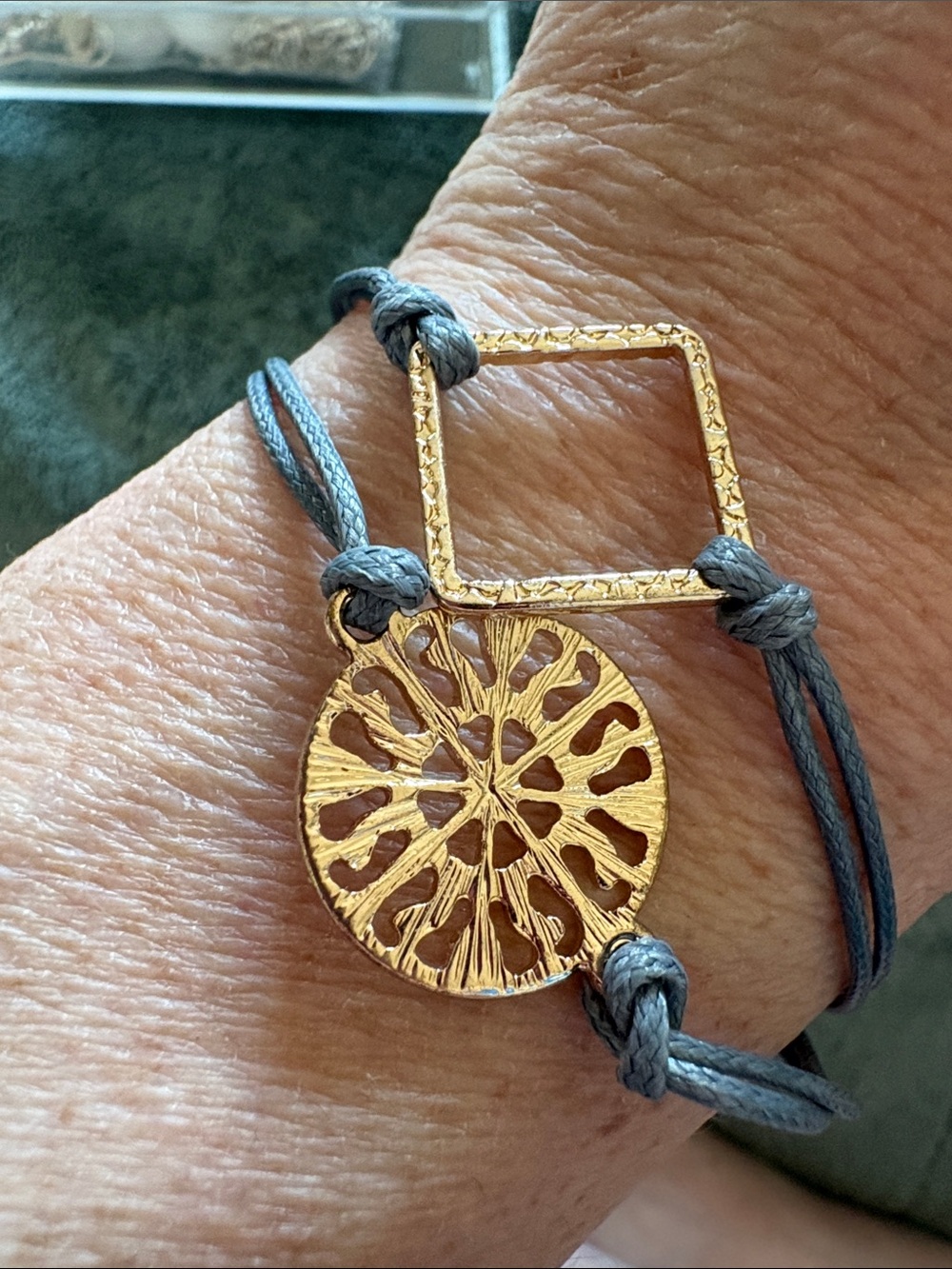 Gold Disc and Square Charm Grey Cord Bracelet - Women